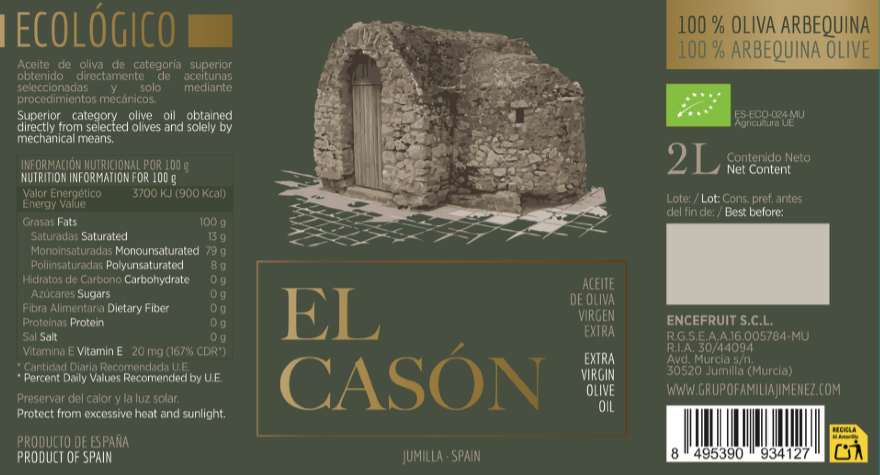 Caja 3 Garrafas 5L Aceite de Oliva Virgen Extra Ecológico Arbequina El Casón - Imagen 4