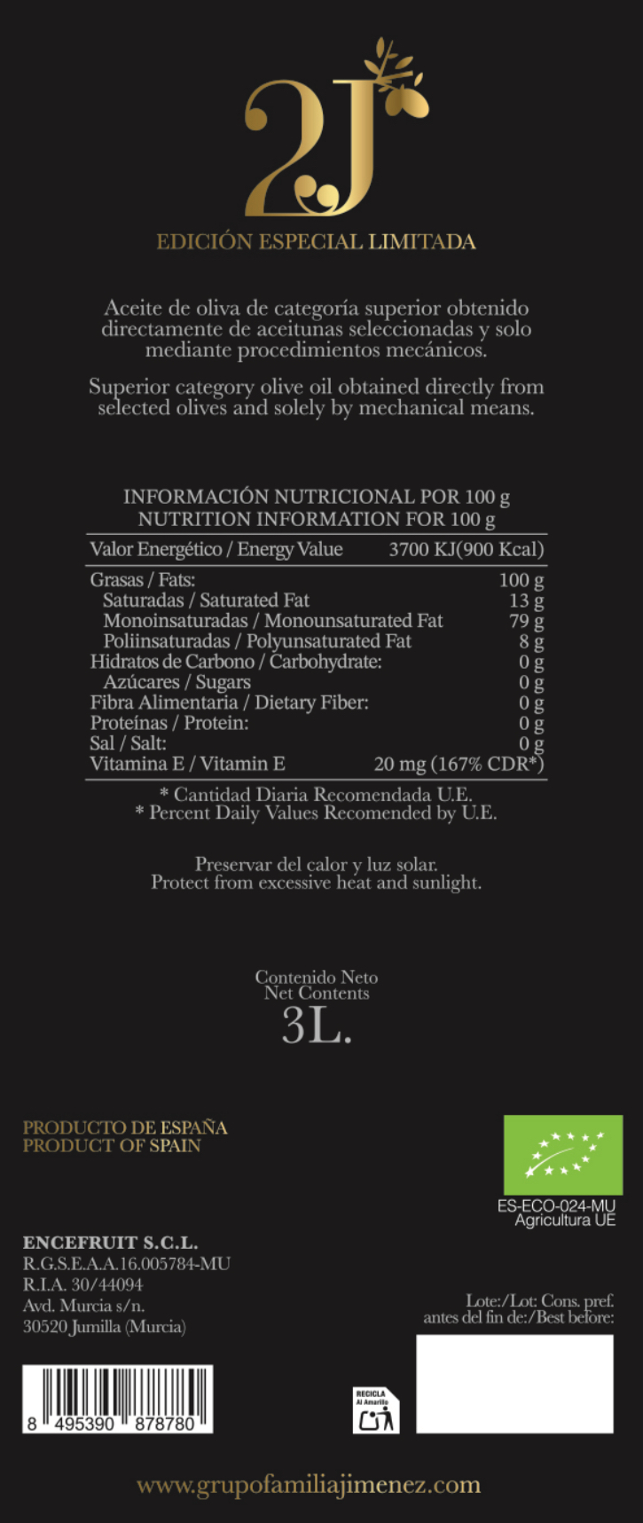 Pack de 3 latas de latón Aceite de Oliva Virgen Extra Ecológico Arbequina 2J - 3L - Imagen 5